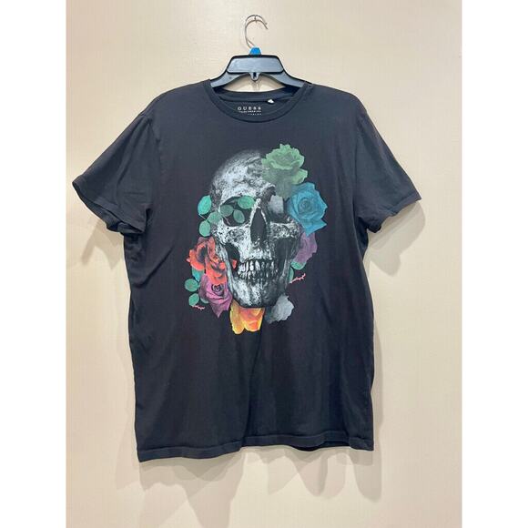 GUESS T-SHIRT SKULL ROSES GRAPHIC PRINT SIZE LARGE BLACK EMO GOTHIC CORE - Picture 8 of 12